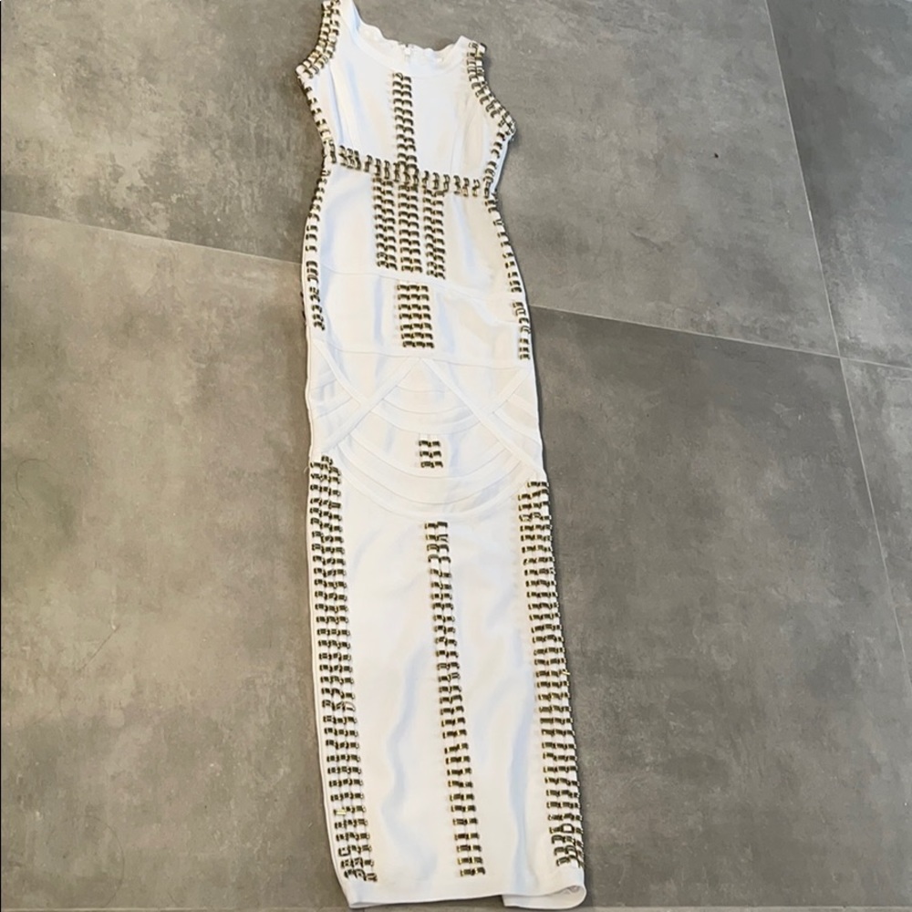 White and gold high slit gown